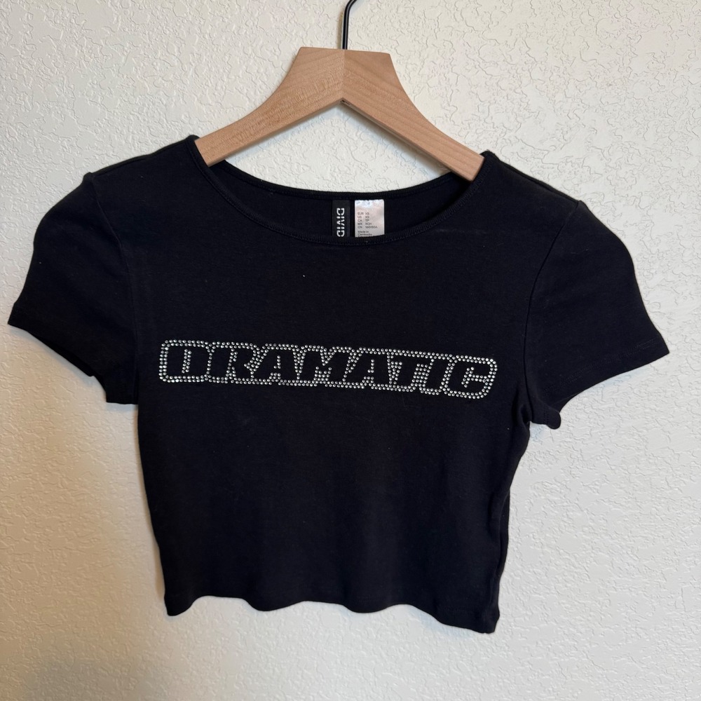 Y2K style Cyber Rhinestone Divided Baby Crop Tee XS Black